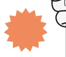 Stella arancione a otto punte con contorno nero e mano stilizzata che tiene un oggetto non identificabile