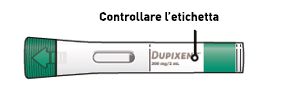 Penna precompilata verde e bianca con indicatore freccia e scritta &ldquo;DUPIXENT&rdquo; con dosaggio 200 mg/2 ml