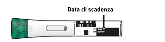 Penna iniettabile precompilata con indicatore di scadenza e freccia verde che indica la direzione di utilizzo