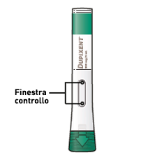 Penna iniettabile verde e bianca con indicatore di dose e finestra di controllo evidenziata da una freccia