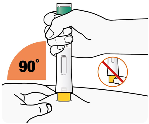 Mano che tiene un dispositivo per iniezione con ago giallo, angolo di 90 gradi indicato, e divieto di iniezione sottocutanea mostrato