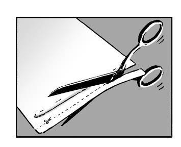 Forbici aperte che tagliano una striscia di carta bianca con linea tratteggiata indicante il punto di taglio