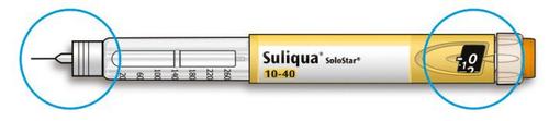 Penna iniettabile Suliqua SoloStar 10-40 con evidenziati i punti di pressione per l