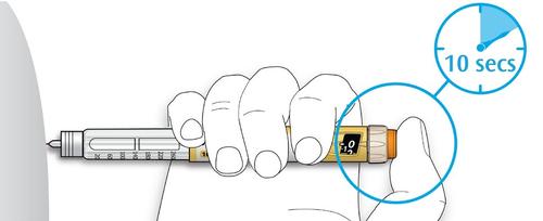 Mano che tiene un dispositivo per iniezione con un timer che indica 10 secondi e un cerchio blu che evidenzia il dosaggio