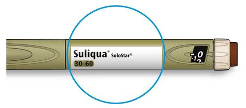 Penna per insulina Suliqua SoloStar 30-60 evidenziata da un cerchio azzurro con indicazione del dosaggio 0 unit&agrave;