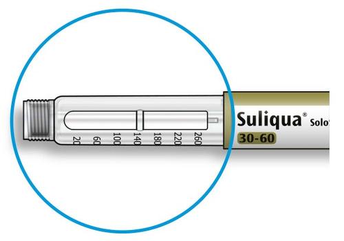 Penna per insulina Suliqua Solo con scala graduata da 20 a 260 unit&agrave; e indicazione 30-60 racchiusa in un cerchio azzurro