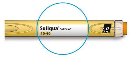 Penna iniettabile gialla Suliqua SoloStar con indicatore di dose impostato su zero evidenziato da un cerchio azzurro