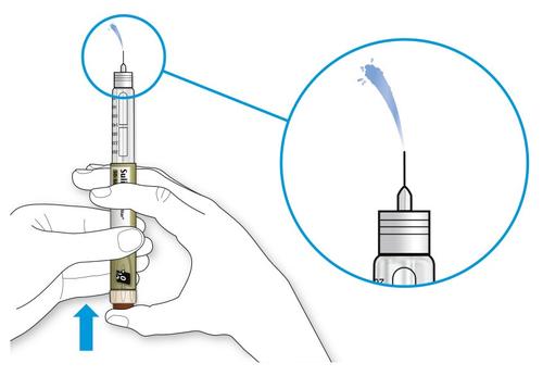 Penna per iniezione con ago inserito nella pelle e ingrandimento del flusso del liquido iniettato freccia blu indica la pressione