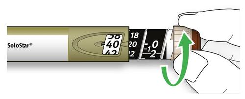 Penna iniettabile SoloStar con freccia verde che indica la rotazione del selettore dosaggio su 18 unit&agrave;