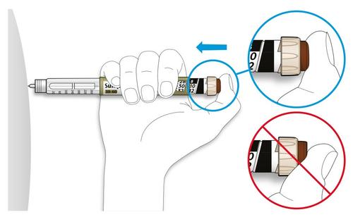 Mano che tiene una penna per insulina con cartuccia e ago, frecce blu indicano la corretta rotazione e cerchi rossi mostrano un metodo errato