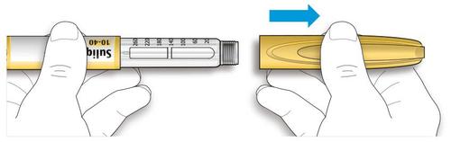 Penna per insulina dorata tenuta da due mani con indicazioni di dosaggio visibili e freccia blu che indica l