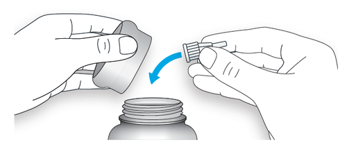 Mano che svita il tappo protettivo da un flacone medicinale con freccia blu che indica il movimento