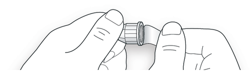 Mano che assembla un dispositivo medico composto da due cilindri bianchi con scanalature e un connettore