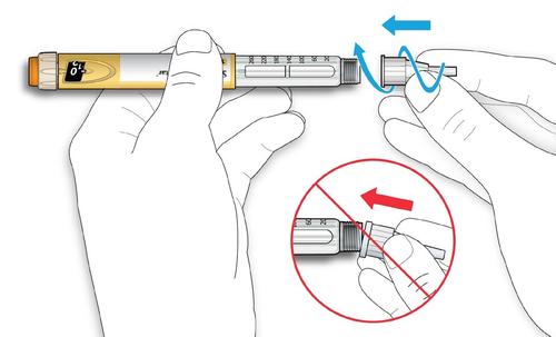 Penna per insulina con ago avvitato e freccia blu che indica la rotazione per l