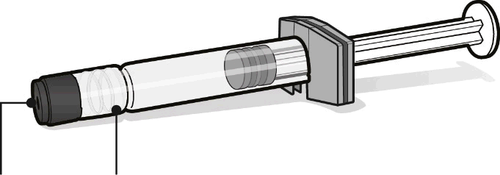 Penna iniettabile preriempita con ago protetto da cappuccio, corpo trasparente graduato e pulsante di rilascio laterale