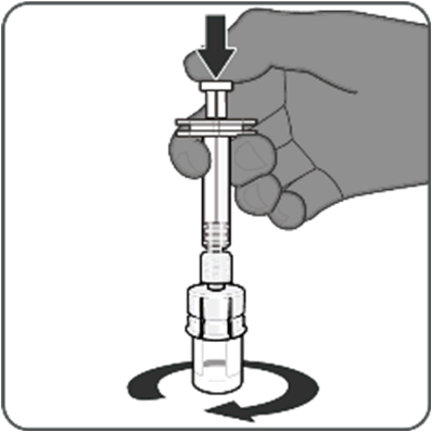 Mano che tiene un dispositivo per iniezione con ago protetto e meccanismo di rotazione per la preparazione