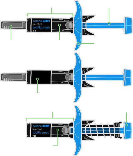 Due penne pre-riempite Tyenne 162mg tocilizumab SC con pulsanti blu e indicatori verdi, mostrate in diverse angolazioni