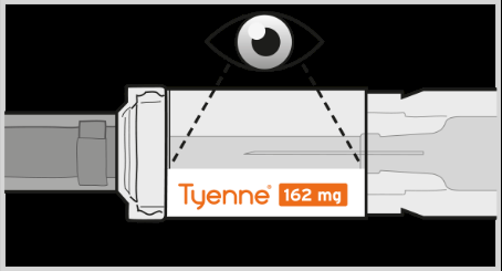 Siringa preriempita con indicazione di dosaggio Tyenne 162mg e vista laterale dell
