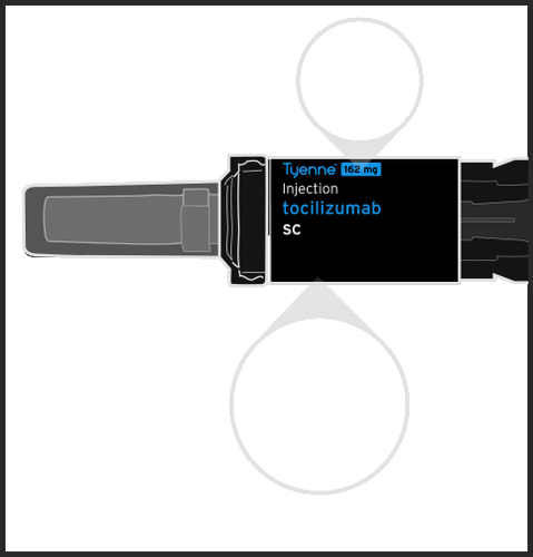 Penna precompilata Tyyene 162mg con indicazioni &ldquo;Injection tocilizumab SC&rdquo; e due cerchi bianchi che indicano le estremit&agrave;