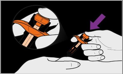 Dispositivo autoiniettante arancione tenuto in mano, freccia viola indica il punto di iniezione e ingrandimento del meccanismo