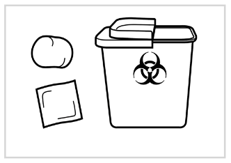 Contenitore per rifiuti speciali con simbolo di bio pericolo e accanto una fiala e un tampone in garza bianca