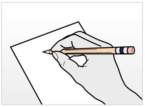 Mano che impugna una matita con punta rivolta verso il basso su un foglio bianco per scrivere