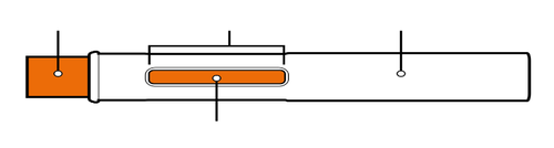 Penna iniettabile stilizzata con pistone arancione visibile attraverso il corpo bianco trasparente e tappo nero