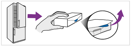 Frigorifero grigio con freccia viola che indica l
