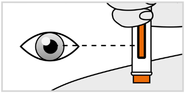 Occhio che guarda un dispositivo medico bianco e arancione con una linea tratteggiata che indica la direzione dello sguardo