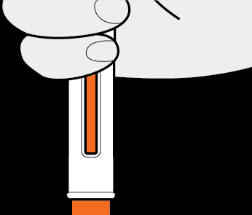 Penna iniettabile stilizzata con corpo bianco e parti arancioni, tenuta in mano per l