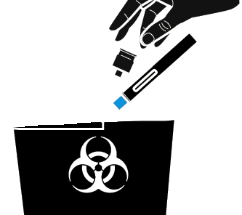 Mano che getta una penna da insulina usata in un contenitore per rifiuti pericolosi con simbolo biohazard nero