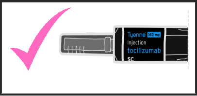 Penna precompilata Tyyene 162mg con indicazione di iniezione sottocutanea tocilizumab e spunta verde di conferma