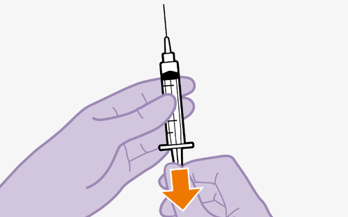 Siringa con ago che viene premuta verso il basso su un braccio stilizzato da una mano viola freccia arancione indica la direzione