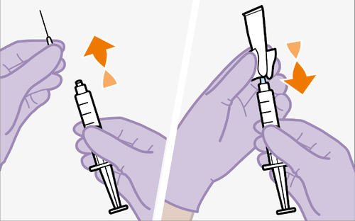 Mano con guanto che collega un ago alla siringa pre-riempita e spinge il pistone per preparare l