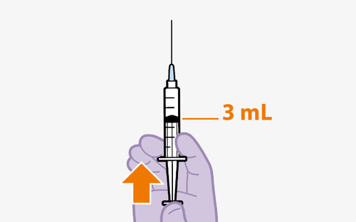 Siringa da 3ml con ago inserito, tenuta da una mano stilizzata freccia arancione indica il punto di presa