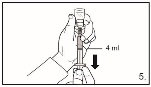 Mano che tiene una siringa con ago mentre estrae il farmaco da un flaconcino trasparente graduazione 4 ml indicata da freccia