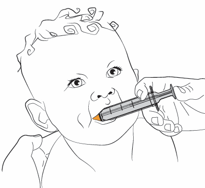 Bambino con siringa orale inserita nella bocca, illustrazione a linee guida per somministrazione del farmaco