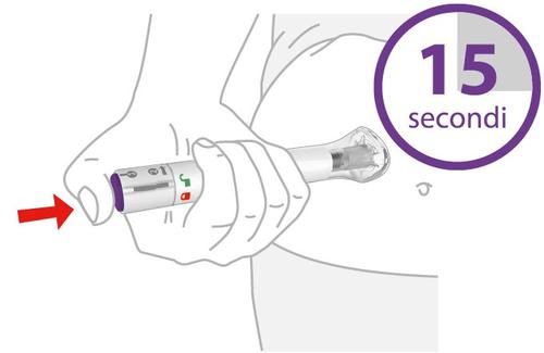 Mano che tiene un dispositivo per iniezione con ago visibile e freccia rossa indicante la direzione di pressione per 15 secondi