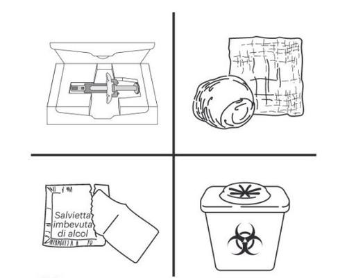 Confezione aperta con autoiniettore, tampone di cotone, salvietta imbevuta di alcol e contenitore rifiuti biologici