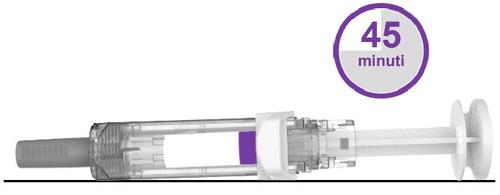 Siringa preriempita trasparente con stantuffo viola e indicazione di 45 minuti in un cerchio bianco e viola