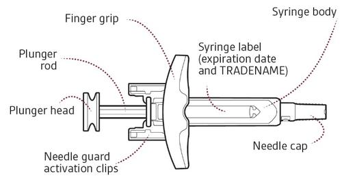 Siringa schematica con etichetta, stantuffo, cappuccio dell
