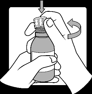 Mani che svitano il tappo di un flacone medicinale grigio con freccia curva che indica il movimento antiorario