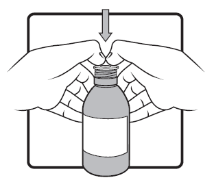 Mani che afferrano un flacone medicinale grigio con etichetta bianca freccia rivolta verso il basso