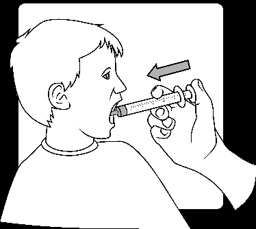 Uomo con penna per insulina in bocca, freccia indica il corretto posizionamento e l