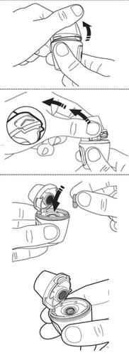 Dispositivo autoiniettante con istruzioni passo passo frecce indicano rotazione e pressione del cappuccio protettivo