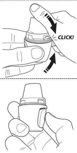 Mano che preme il pulsante di un dispositivo medico cilindrico con la scritta