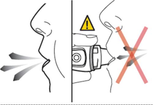Profilo del viso con spray nasale corretto a sinistra e inalazione errata con croce rossa a destra