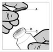 Mano che tiene un tappo nero sopra un flacone e un