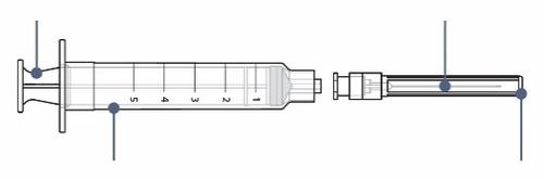 Siringa trasparente con scala graduata da 1 a 5 ml, pistone e ago metallico all