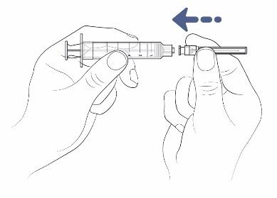 Mano che tiene una siringa e collega un ago, con freccia blu che indica la direzione del movimento per l